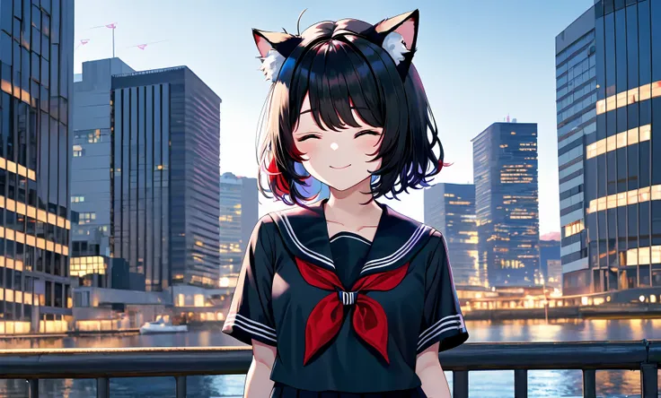 1girl, arms at sides, black hair, black sailor collar, black skirt, black sleeves, city, closed eyes, closed mouth, collarbone, neckerchief, outdoors, pleated skirt, red neckerchief, sailor collar, scenery, school uniform, serafuku, short hair, short sleeves, skirt, sky, solo, split mouth, upper body, cat ears, animal ears, animal ear fluff
BREAK
(exceptional, best aesthetic, new, newest, best quality, masterpiece, extremely detailed, anime:1.2),