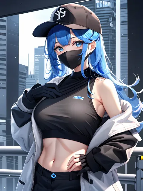 (anime, tone mapped:1.2),
1girl, bare shoulders, baseball cap, black gloves, black headwear, black shirt, blue eyes, blue hair, breasts, coat, crop top, gloves, hand on hip, hat, large breasts, long hair, long sleeves, looking at viewer, mask, midriff, mouth mask, navel, off shoulder, open clothes, open coat, shirt, sleeveless, sleeveless shirt, solo, stomach, upper body, white coat, waifu,
(symmetric), (exceptional, best aesthetic, new, newest, best quality, masterpiece, extremely detailed:1.2)