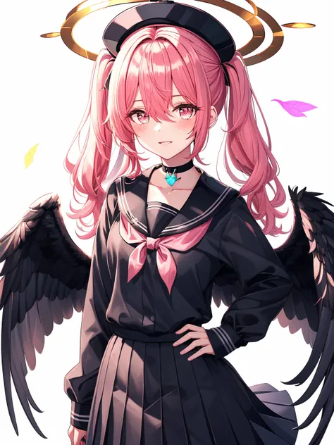 (anime, tone mapped:1.2),
1girl, bangs, black wings, blush, choker, collarbone, feathered wings, hair between eyes, halo, hand on hip, hat, head wings, long hair, long sleeves, looking at viewer, pink eyes, pink hair, pleated skirt, school hat, school uniform, serafuku, sidelocks, simple background, skirt, solo, twintails, wavy mouth, white background, wings, waifu,
(symmetric), (exceptional, best aesthetic, new, newest, best quality, masterpiece, extremely detailed:1.2)