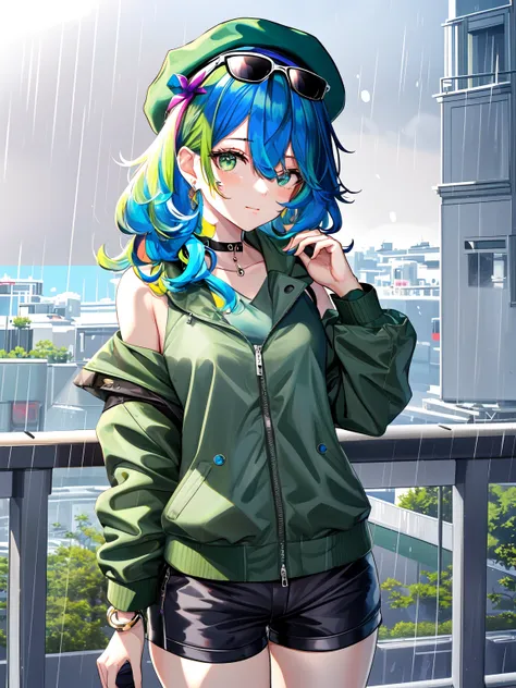 (anime, tone mapped:1.2),
1girl, bangs, bare shoulders, beret, black hair, black shorts, blue hair, bracelet, breasts, buttons, colored inner hair, double-breasted, eyewear removed, green headwear, green jacket, grey eyes, grey sky, hat, jacket, jewelry, long hair, looking at viewer, multicolored hair, neck ring, o-ring, off shoulder, rain, round eyewear, shorts, sidelocks, small breasts, solo, sunglasses, wavy hair, wet, zipper,
(symmetric), (exceptional, best aesthetic, new, newest, best quality, masterpiece, extremely detailed:1.2)