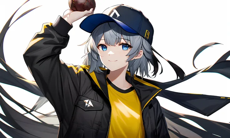 arknights, click (arknights), 1girl, baseball cap, black headwear, black jacket, blue eyes, grey hair, hand on headwear, hand up, hat, jacket, long sleeves, looking at viewer, open clothes, open jacket, shirt, short hair, simple background, smile, solo, upper body, white background, yellow shirt
BREAK
(exceptional, best aesthetic, new, newest, best quality, masterpiece, extremely detailed, anime, waifu:1.2)