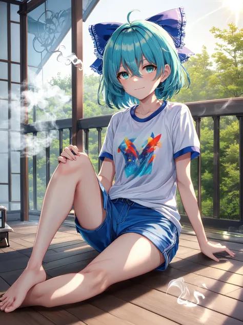 (anime, tone mapped:1.2),
touhou, cirno, 1girl, adapted costume, alternate costume, aqua eyes, aqua hair, arm support, backlighting, balcony, bangs, bare legs, barefoot, blue bow, blue shorts, bob cut, bow, casual, cigarette, closed mouth, contemporary, day, electric fan, eyebrows hidden by hair, feet, from behind, frown, full body, hair between eyes, hair bow, hand on own knee, hand rest, hot, ice, ice wings, indoors, light particles, looking at viewer, looking back, melting, mouth hold, no lineart, on floor, print shorts, railing, scenery, shirt, short hair, short sleeves, shorts, sitting, smoke, smoking, soles, solo, summer, sunlight, t-shirt, toes, white shirt, wind, wings, yokozuwari, waifu,
(symmetric), (exceptional, best aesthetic, new, newest, best quality, masterpiece, extremely detailed:1.2)