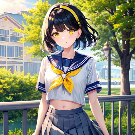 1girl, black hair, blue sailor collar, grey skirt, hairband, midriff, navel, neckerchief, sailor collar, school uniform, serafuku, shirt, short hair, short sleeves, skirt, solo, upper body, white hairband, white shirt, yellow eyes, yellow neckerchief,
BREAK
(anime, waifu, exceptional, best aesthetic, new, newest, best quality, masterpiece:1.2)