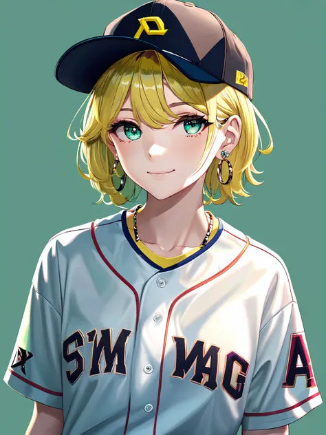 (anime, tone mapped:1.2),
1girl, aqua eyes, baseball cap, blonde hair, closed mouth, earrings, green background, hat, hoop earrings, jewelry, looking at viewer, shirt, short hair, simple background, solo, upper body, yellow shirt,
(symmetric), (exceptional, best aesthetic, new, newest, best quality, masterpiece, extremely detailed:1.2)