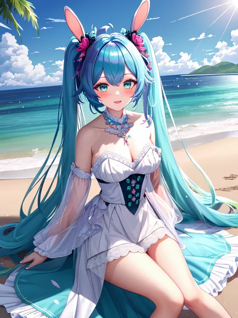 (anime, tone mapped:1.2),
1girl, hatsune miku, bunny girl, playboy bunny, ornate, intricate, cinematic, dehazed, atmospheric, blush, beach, intricate long floating hair, intricate game cg, trending on pixiv, intricate vibrant colors, waifu, blue hair,
(symmetric), (exceptional, best aesthetic, new, newest, best quality, masterpiece, extremely detailed:1.2)
