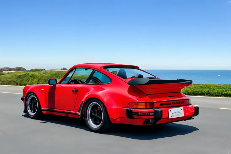 Photo of a red p911t, parked in a driveway, in front of a highway with an ocean view <lora:p911t:.8>