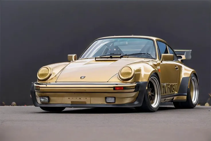 <lora:p911t:1>, realistic photo of a gold widebody p911t, front angle, race car, fender flares, stickers, street background, (masterpiece:1.0), (best quality:1.0), beautiful, (intricate details), unity 8k wallpaper, ultra detailed, flash photography lighting, 
 <lora:conceptWB_v1:0.85>