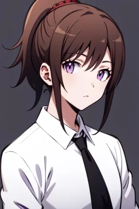 <lora:TokaYadaR4:0.7>,TokaYadaR4,brown hair,purple eyes,ponytail,white shirt, black tie, upper body, simple background,