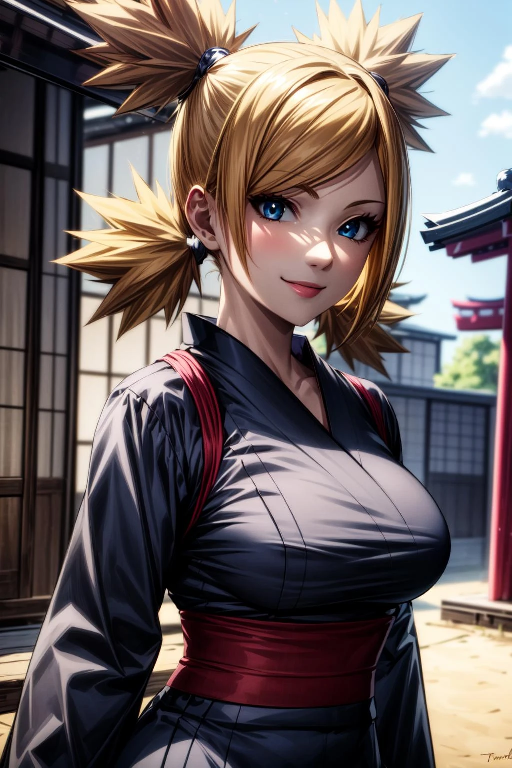 best quality, masterpiece, 1girl, (solo:1.1), raytracing, ultra detailed,detailed face, 8k wallpaper, wide hips, <lora:more_details:1>, TemariNarutoNDV, 1girl, blonde hair, twintails, blue eyes, large breasts, quad tails, japanese clothes, forehead protector, black kimono, smile, (japenesse fan:1.2), <lora:TemariNarutoNDV:0.7>, outdoor, village