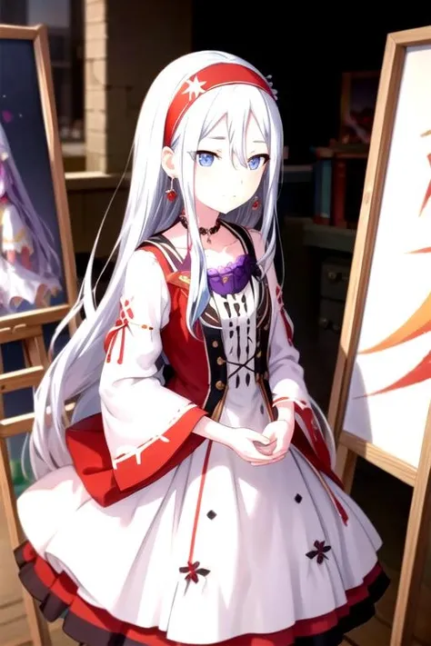 <lora:Kanade3rd-07:0.8>,kanade3rd, smile, long sleeves, dress, holding, jewelry, closed mouth, collarbone, white hair, hairband, earrings, wide sleeves, necklace, blurry, depth of field, blurry background, red dress, purple hairband, painting (object), canvas (object), easel