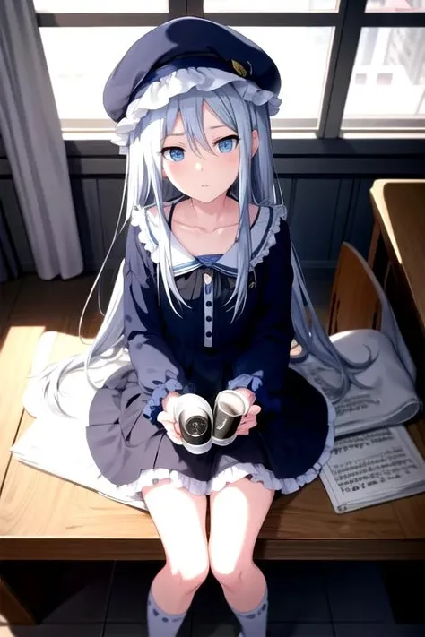 <lora:Kanade3rd-07:0.8>, kanade3rd, looking at viewer, long sleeves, hat, dress, jewelry, sitting, collarbone, frills, socks, indoors, blurry, cup, pillow, window, night, depth of field, from above, chair, expressionless, mob cap, instrument, blue theme, pajamas, mug, computer, slippers, keyboard (computer), keyboard (instrument), sheet music