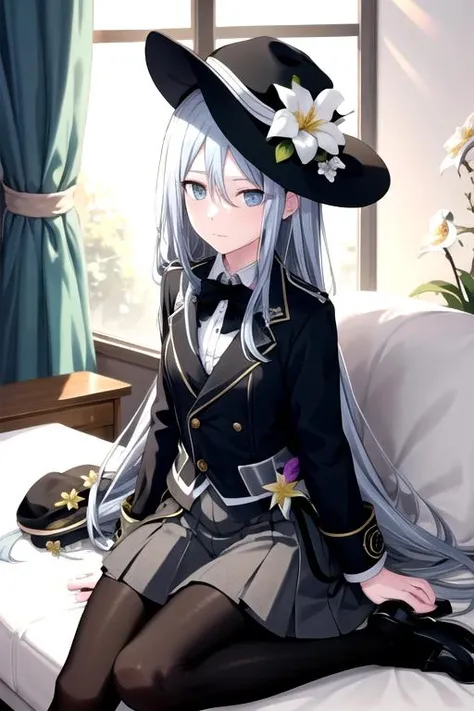 <lora:Kanade3rd-07:0.8>, kanade3rd, looking at viewer, skirt, gloves, long sleeves, hat, sitting, closed mouth, jacket, flower, pantyhose, pleated skirt, black gloves, indoors, black pantyhose, black headwear, wariza, green skirt, hat flower