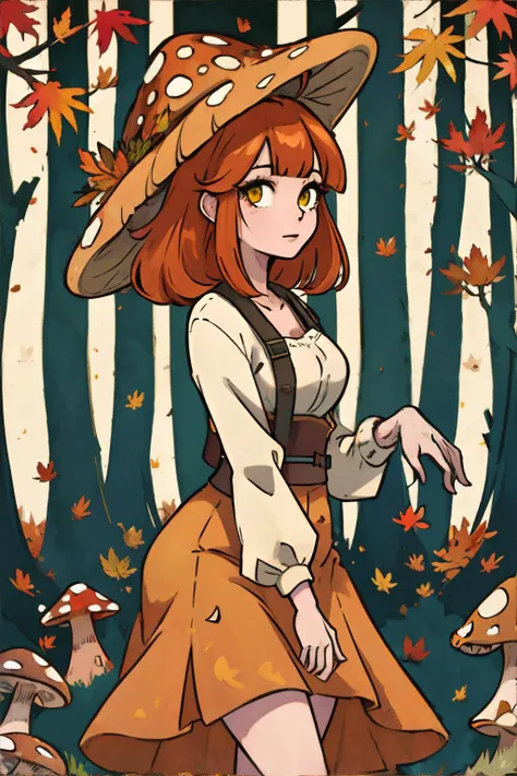 <lora:mushroompeople:0.6> Mushroom_Girl, autumn forest, (orange|red|yellow|green|muted) || masterpiece, 8k, high resolution, shallow depth of field, sharp focus