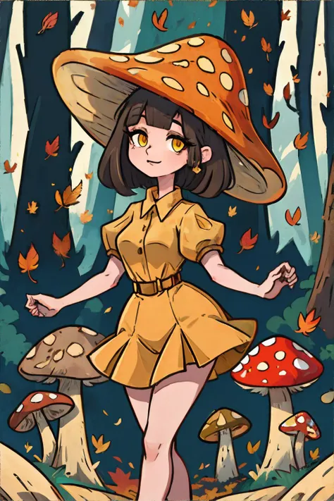 <lora:mushroompeople:0.6> Mushroom_Girl, autumn forest, (orange|red|yellow|green|muted) || masterpiece, 8k, high resolution, shallow depth of field, sharp focus