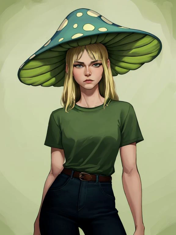 mush_woman, big mushroom, green mushroom, gills, medium breasts, blonde hair, mature female, shirt, detailed, masterpiece, absurdres, best quality, cowboy shot  <lora:shroomGirl-000020:0.75>