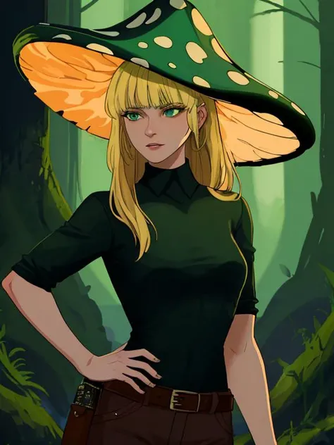 mush_woman, big mushroom, green mushroom, gills, black shirt, medium breasts, blonde hair, mature female, shirt, detailed, masterpiece, absurdres, best quality, cowboy shot <lora:shroomGirl-000020:0.75>