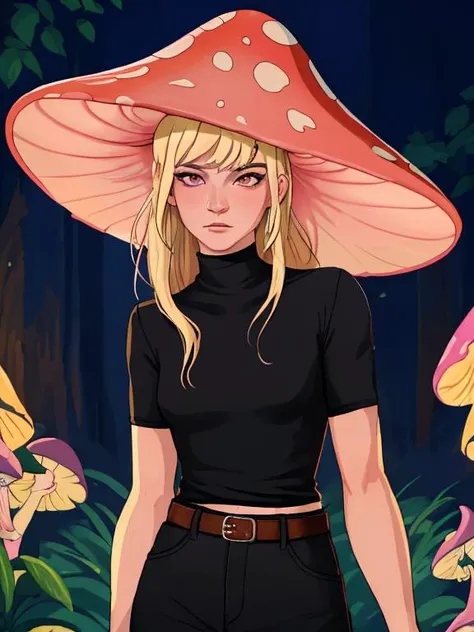 mush_woman, smallmushroom, pink mushroom, gills, black shirt, medium breasts, blonde hair, mature female, shirt, detailed, masterpiece, absurdres, best quality, cowboy shot  <lora:shroomGirl-000020:0.75>