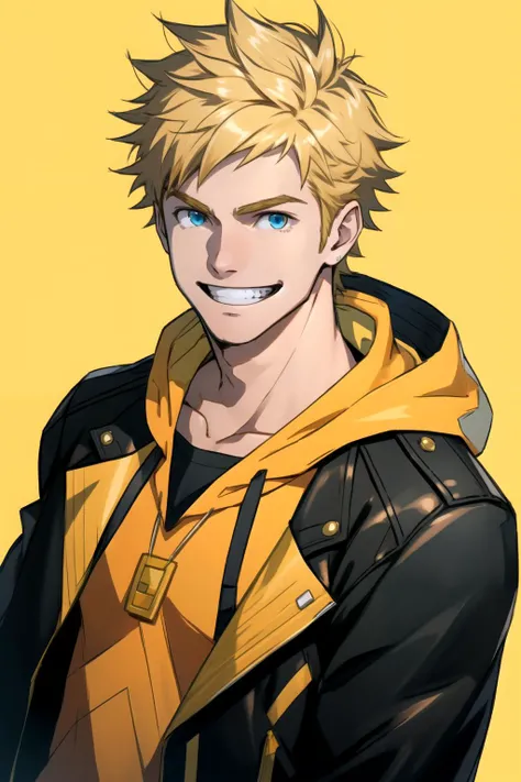 <lora:spark_pokemon:0.7> spark pokemon, orange shirt, upper body, yellow background, open jacket, blonde hair, hoodie, grin, solo, smile, looking at viewer, hood, jacket, male focus, black jacket, open clothes, blue eyes, spiked hair, 1boy