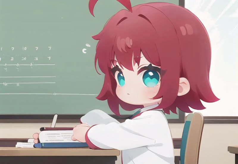 a girl in a lab, <lora:Yakuzen Kusuri:.7> 1girl, solo, kusuriloli, red hair, turquoise eyes, short hair, ahoge, labcoat,school uniform, sitting, from side