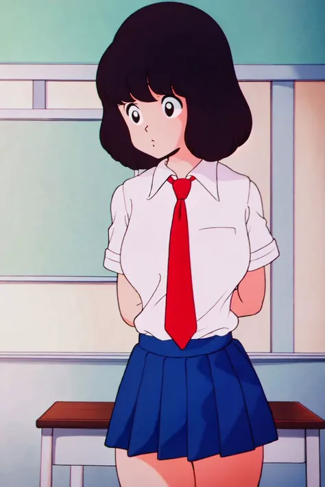 medium hair,standing,arm behind back,school uniform,white shirt,skirt,classroom,red necktie,<lyco:Minami_V1:1.0>,<lyco:GoodHands-beta2:1>