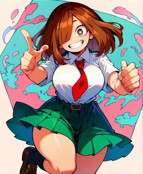 score_9_up, score_8_up, score_7_up, dynamic pose, cowboy shot, 1girl, <lora:komori_kinoko:.7>, komori_kinoko\(boku no hero academia\), brown hair, medium hair, bangs, blunt bangs, hair over one eye, brown eyes, (X-shaped pupils, symbol-shaped pupils), curvy, large breasts, smiling, teeth, u.a._school_uniform, short sleeves, white collared shirt, red necktie, green skirt, pleated skirt, black socks, brown loafers
, source_anime, anime style, anime studio