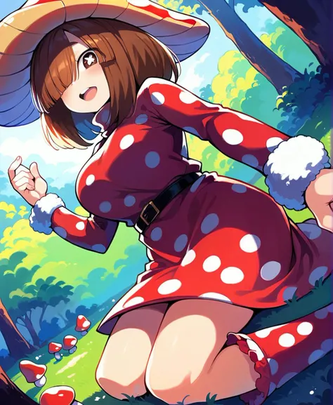 1girl,boots,breasts,brown eyes,brown hair,dress,female focus,hair between eyes,kneehighs,large breasts,light blush,looking at viewer,mushroom,mushroom girl,mushroom hat,open mouth,panties,polka dot,polka dot dress,purple panties,red dress,short hair,simple background,ocks,solo,squatting,superhero costume,symbol-shaped pupils,thighs,tongue,tongue out,underwear,upskirt,white backgroun,x-shaped pupils