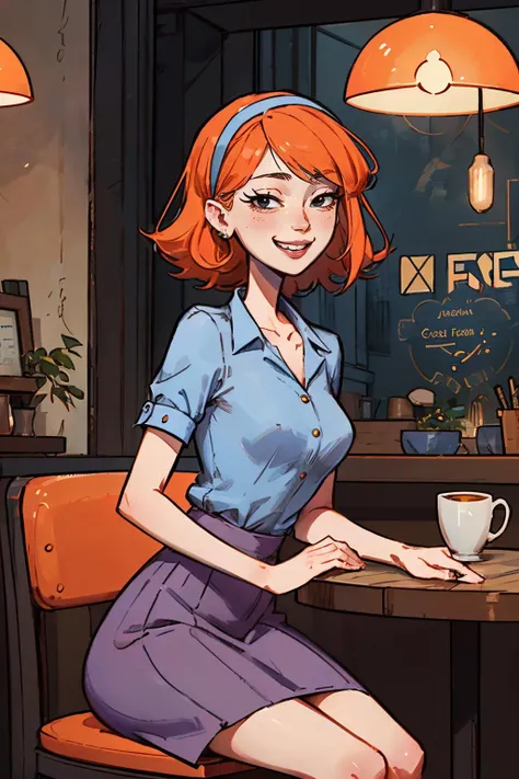 jessica, black eyes, hairband, short orange hair, purple skirt, blue shirt, looking at viewer, smiling, happy, teeth, sitting, behind a table, inside cozy cafe, coffee cup, playful ambiance,  high quality, masterpiece, <lora:JESSICA-V2:.8>