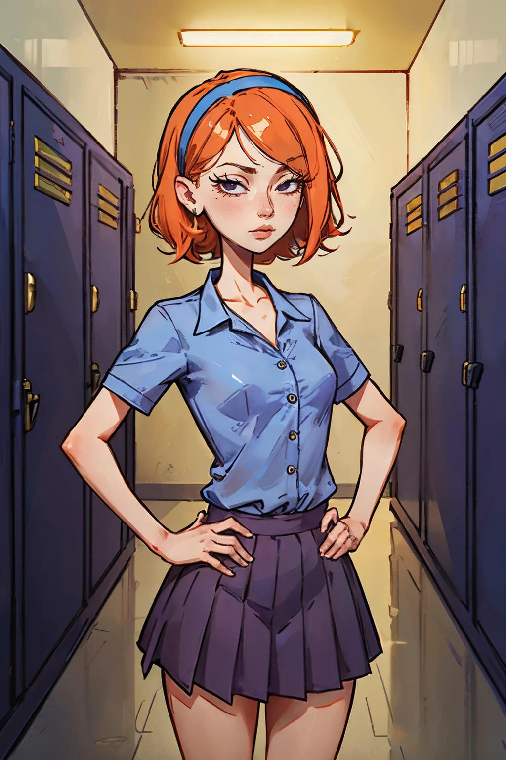 jessica, black eyes, hairband, short orange hair, purple skirt, blue shirt, looking at viewer, serious, standing, hands on hips, inside hallway, lockers, school, high quality, masterpiece, <lora:JESSICA-V2:.8>