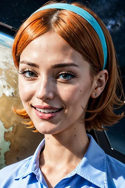 jessica, black eyes, short orange hair, hairband, blue shirt, looking at viewer, smiling, close up, space, stars, high quality, masterpiece, <lora:JESSICA-V2:.8>