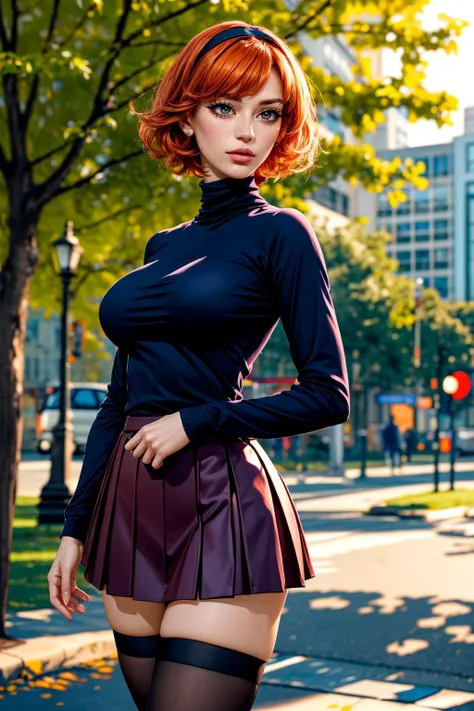 (ultra realistic,32k, masterpiece:1.2),(high detailed skin:1.1),( high quality:1.1),
<lora:JESSICA-V2:0.8>1girl, hairband, (medium hair:1.1), orange hair, pleated skirt, purple skirt, turtleneck shirt,long sleeves, skirt,thigh highs, small black pupils, mini pupils, (mascara, long lashes:1.1),,fighting stance, (huge breast,large breast,:1.1),<lora:add_detail:0.82>,
(backlight:1.1), city ââPark,sunshine, trees, flowers, blurry background