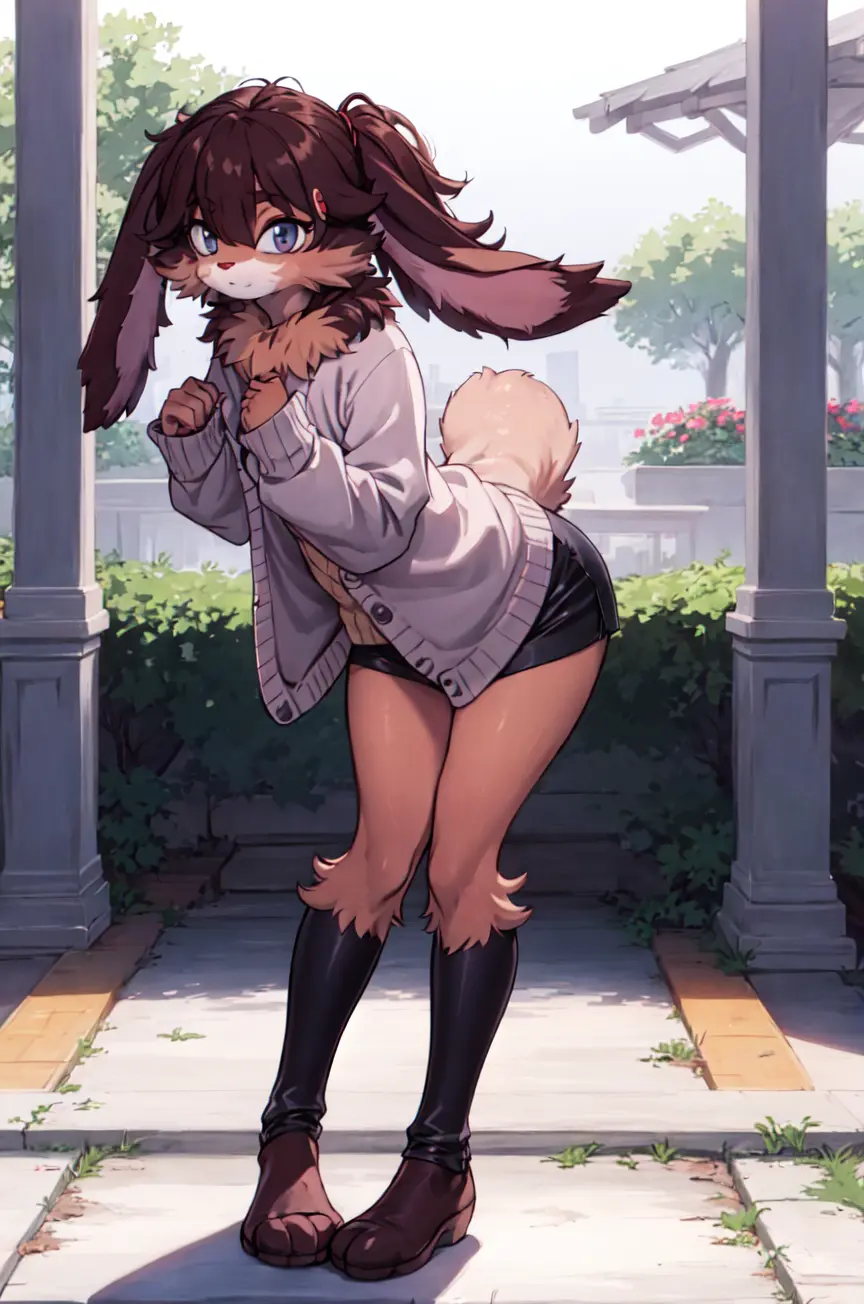 lop, masterpiece, best quality, solo, rabbit, long floppy ears, furry, fur, (detailed eyes:0.9), (detailed lighting, depth of field:0.9),lop rabbit, leaning forward, park, panorama, day, full body, Cardigan
<lora:LopSW_G4:0.7>