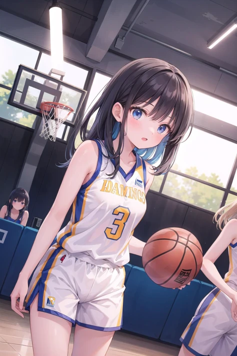 (masterpiece), (2girls), basketball uniform, dynamic angle