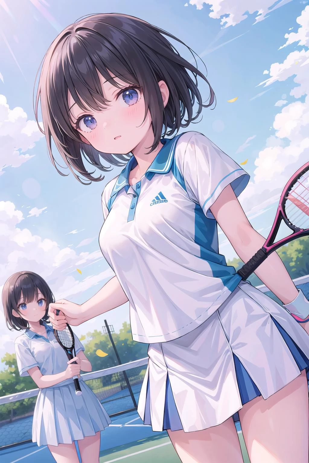 (masterpiece), (2girls), tennis uniform, dynamic angle
