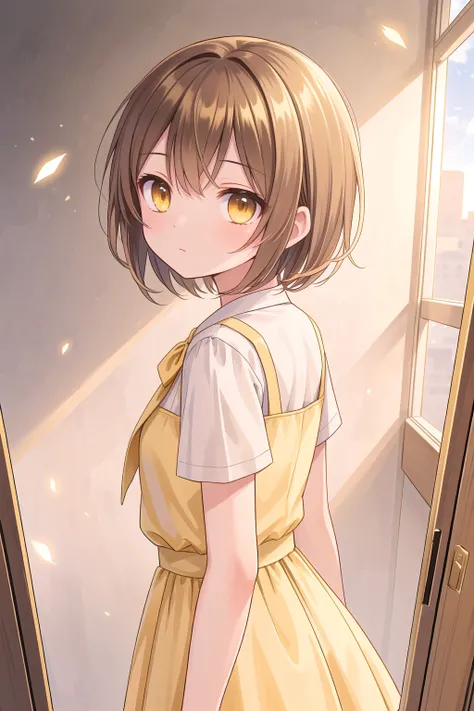(masterpiece), oudoors, sunlight, light particles, 1girl, short hair, light brown hair, (yellow eyes:1.2)