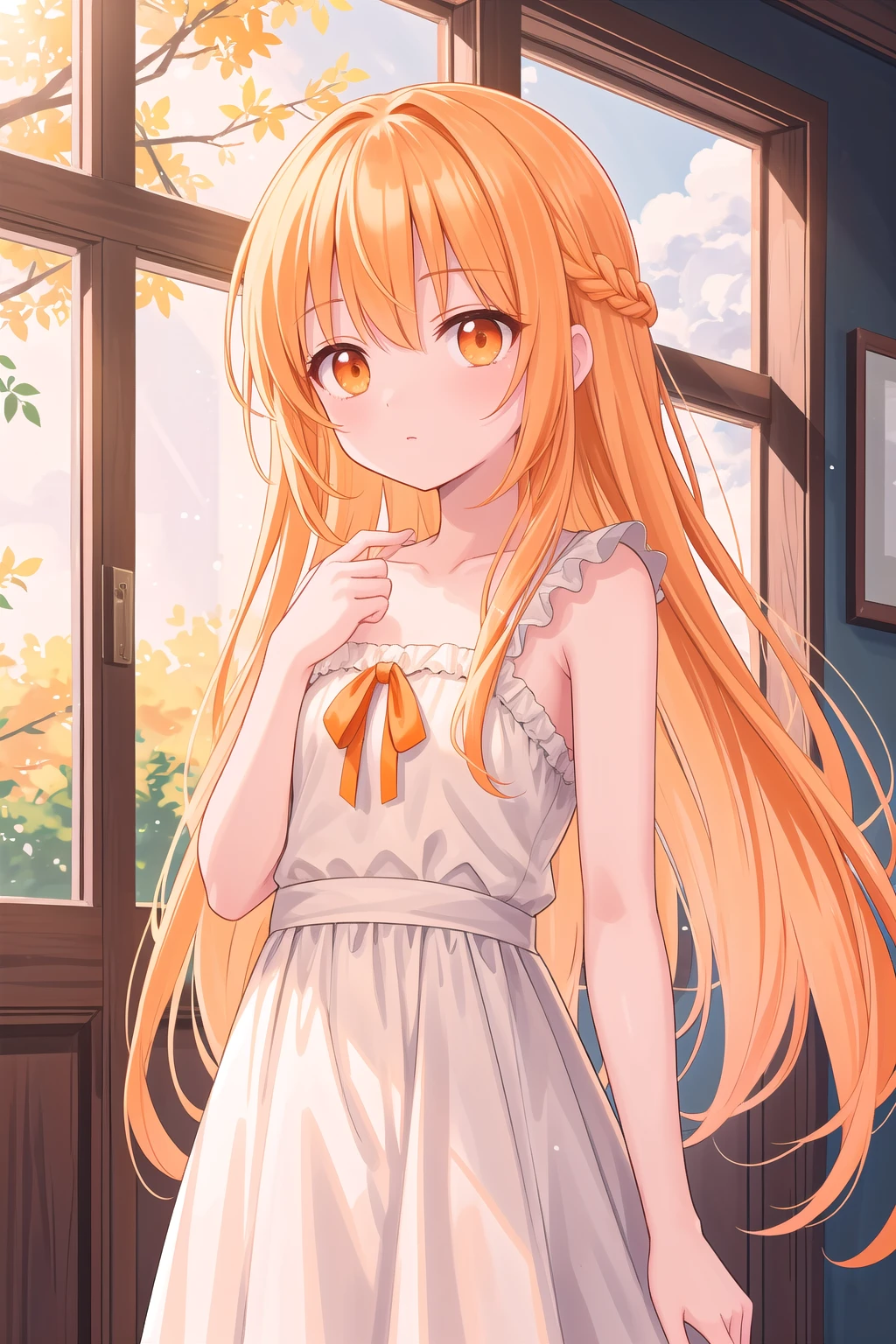 (masterpiece), oudoors, sunlight, light particles, 1girl, long hair, blonde hair, (orange eyes:1.2)