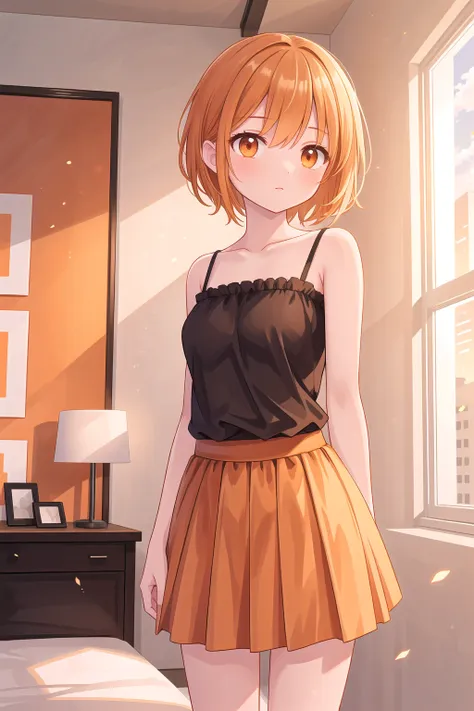 (masterpiece), bedroom, light particles, 1girl, short hair, light brown hair, (orange eyes:1.2)