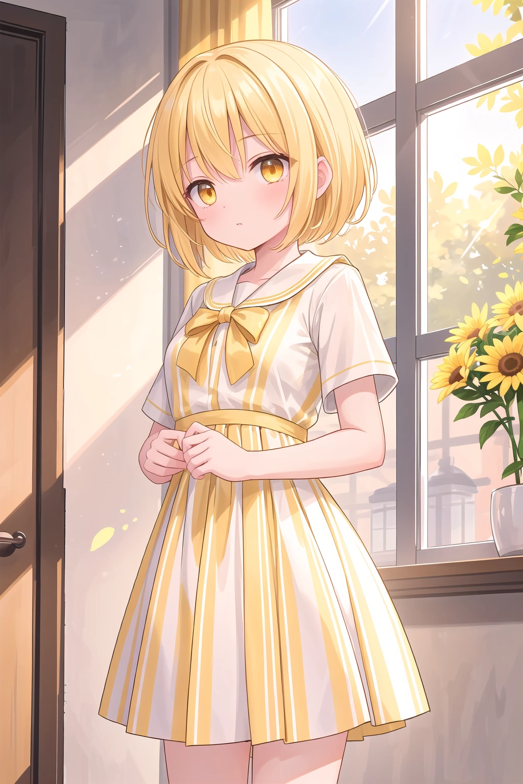 (masterpiece), oudoors, sunlight, light particles, 1girl, short hair, blonde hair, (yellow eyes:1.2)