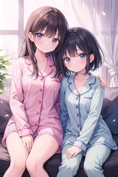 (masterpiece),  (2girls),  pajama