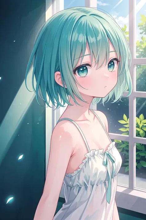 (masterpiece), oudoors, sunlight, light particles, 1girl, short hair, green hair, (aqua eyes:1.2)