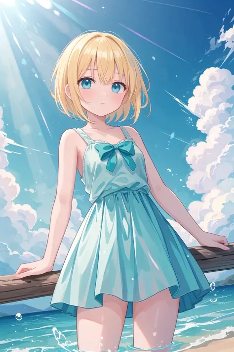 (masterpiece), oudoors, sunlight, light particles, 1girl, short hair, blonde hair, (aqua eyes:1.2)