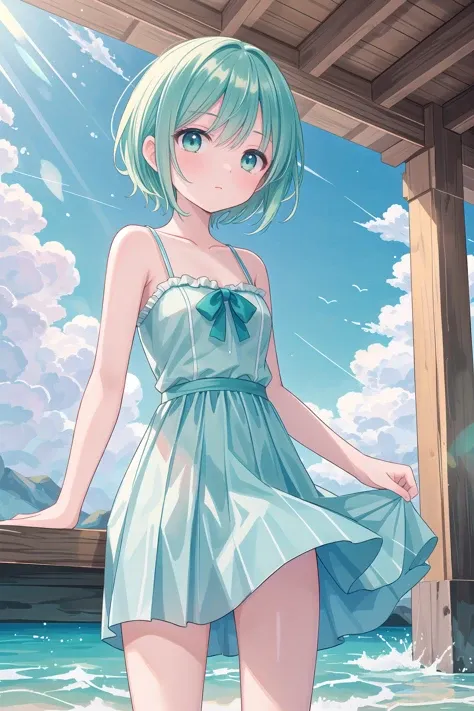 (masterpiece), oudoors, sunlight, light particles, 1girl, short hair, green hair, (aqua eyes:1.2)