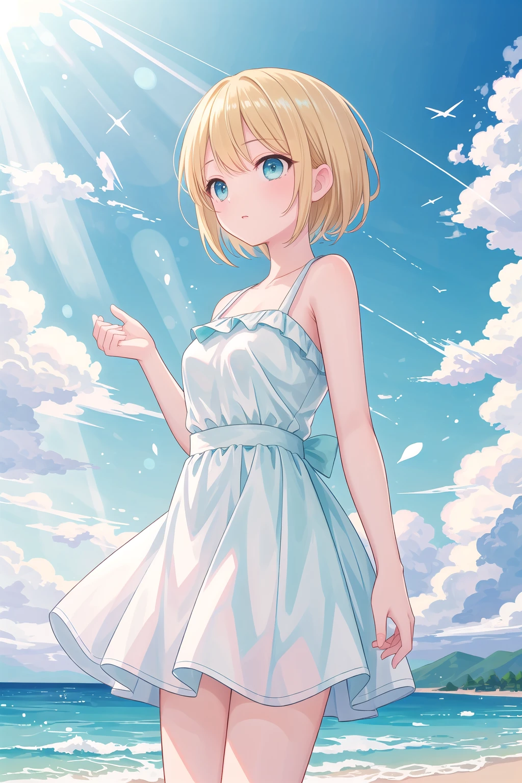 (masterpiece), oudoors, sunlight, light particles, 1girl, short hair, blonde hair, (aqua eyes:1.2)