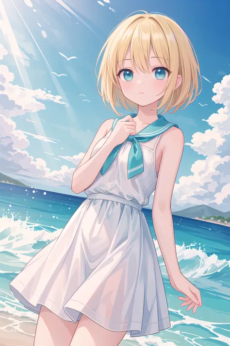 (masterpiece), oudoors, sunlight, light particles, 1girl, short hair, blonde hair, (aqua eyes:1.2)