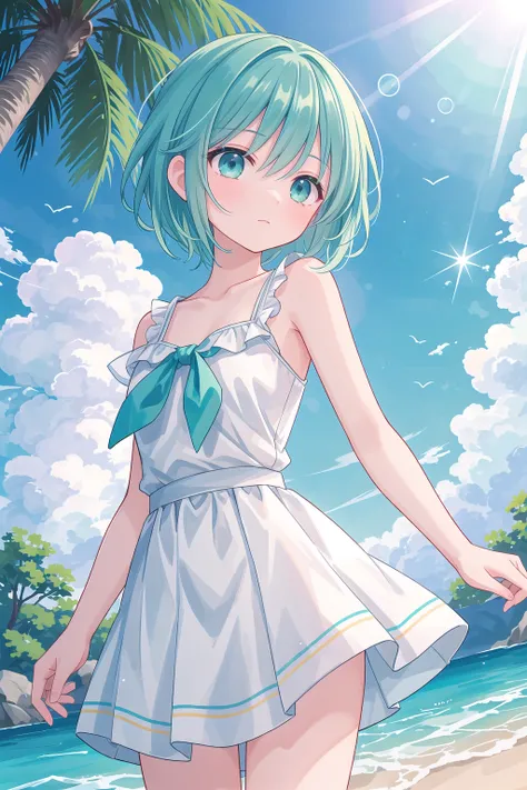 (masterpiece), oudoors, sunlight, light particles, 1girl, short hair, green hair, (aqua eyes:1.2)
