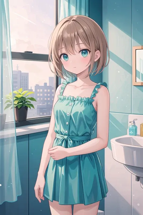 (masterpiece), bathroom, light particles, 1girl, short hair, light brown hair, (aqua eyes:1.2)