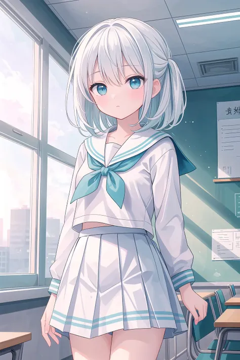 (masterpiece), classroom, 1girl, medium hair, white hair, (aqua eyes:1.2), (white sailor collar:1.2), serafuku, white skirt, pleated skirt