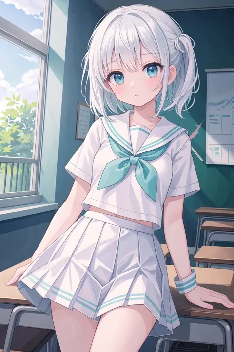 (masterpiece), classroom, 1girl, medium hair, white hair, (aqua eyes:1.2), (white sailor collar:1.2), serafuku, white skirt, pleated skirt
