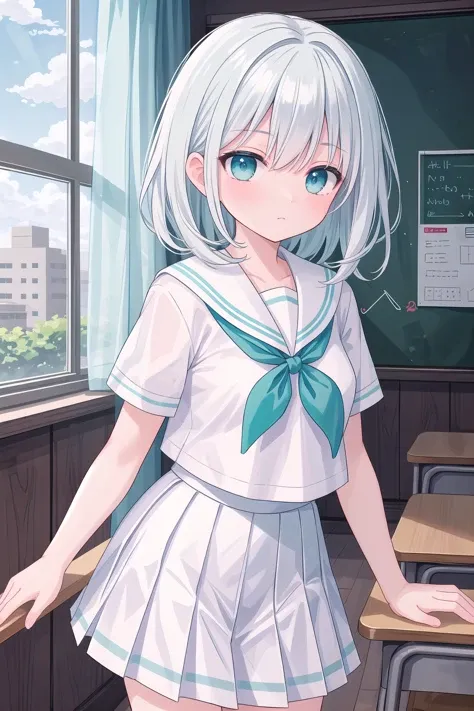 (masterpiece), classroom, 1girl, medium hair, white hair, (aqua eyes:1.2), (white sailor collar:1.2), serafuku, white skirt, pleated skirt