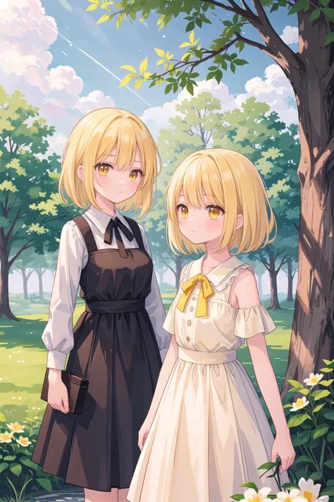 (masterpiece), nature, light particles, 2girls, medium hair, blonde hair, yellow eyes