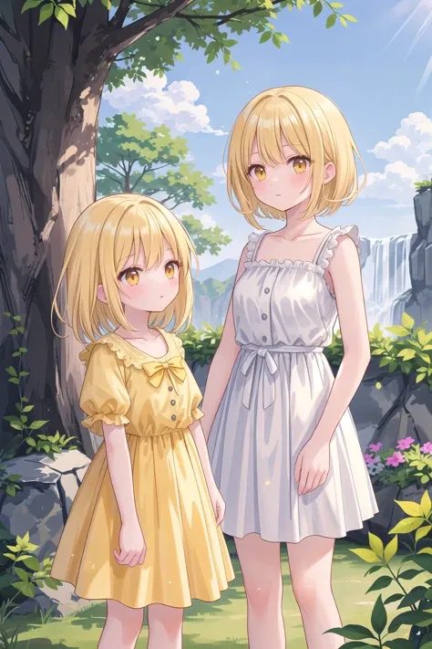 (masterpiece), nature, light particles, 2girls, medium hair, blonde hair, yellow eyes